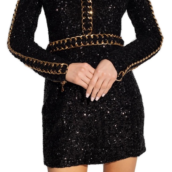 Balmain V-Neck Chain-Trimmed Sequin Dress - Picture 2 of 3